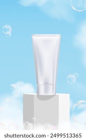 Sky Blue,Cloud Background with Silver cosmetic skincare tube on White Podium Platform Step and Bubbles,Vector Minimal 3d Display for Summer Beauty Product Presentation Banner Design Nature Spring Sky