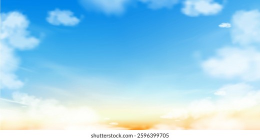 Sky Blue,Cloud Background for Spring,Horizon Summer Clear Sky over beach,Vector landscape nature sunrise in Winter,Spring panorama banner white clouds over blue ocean,Sunset landscape in Autumn 
