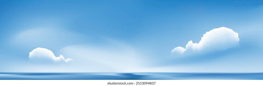 Sky Blue,Cloud Background, Vector beautiful landscape nature sunrise in Summer, Backdrop panoramic banner white clouds over blue ocean, Sunset landscape. Vector illustration