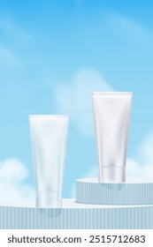 Cielo azul, fondo de la nube y tubo cosmético blanco del cuidado de piel en el paso de la plataforma del podio, Vector 3d mínimo para la presentación del Producto de la belleza del verano, Anuncio de la Naturaleza del diseño Cielo de la primavera con nublado