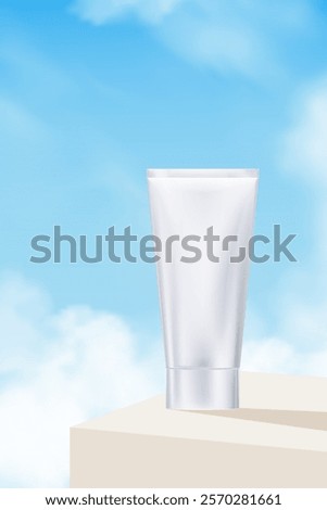 Sky Blue,Cloud Background with white cosmetic skincare tube on White Podium Platform Step and Bubbles,Vector Minimal 3d Display for Summer Beauty Product Presentation Banner Design Nature Spring Sky