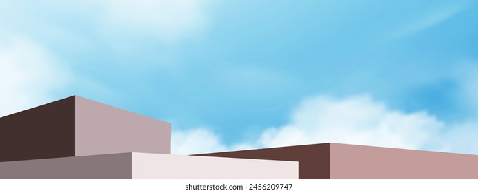 Sky blue,Cloud background,3d Purple Podium step display mockup for cosmetic product present,Vector minimal backdrop scene grey architecture,Design banner for Spring,Summer background

