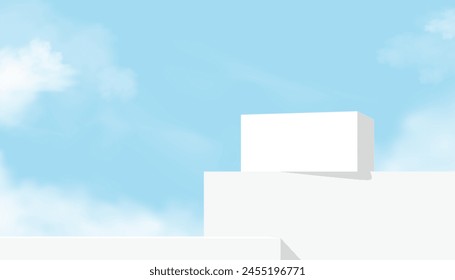 Azul cielo, fondo de la nube, maqueta de la exhibición del paso del podio blanco 3d para el producto cosmético presente, Vector mínimo del fondo gris de la escena, Anuncio del diseño para la primavera, fondo del verano