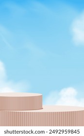 Himmelblau, Wolkenhintergrund, Beige Podium Platform Step, Minimal 3D Display für Sommer-kosmetische Produkt-Präsentation Banner Design, Vektorgrafik-Szene-Natur-Landschaft des Frühlingshimmels mit Gebäudewand

