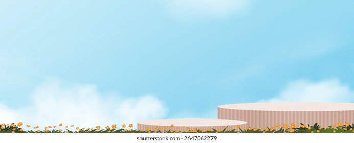 Sky Blue,Cloud Background,Beige Podium Platform Step,Background Design Minimal 3d Display for Summer Cosmetic Product Banner,Vector Panoramic Scene Nature Landscape of Spring Sky with flower fields
