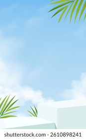 Sky Blue,Cloud Background,Green Podium Platform Step with Coconut Palm leaf Border,Minimal 3d Display for Summer Cosmetic Product  Banner Design,Vector Scene Nature Landscape of Spring Sky Background