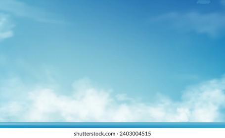 Sky Blue,Cloud Background,Horizon Clear Spring Sky in Morning by the beach,Vector beautiful landscape nature sunrise in Summer,Backdrop panoramic banner white clouds over ocean blue