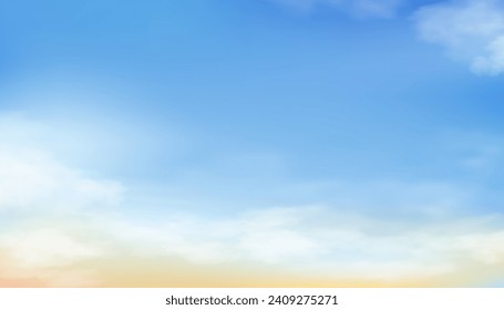 Sky Blue,Cloud Background,Horizon Spring Clear Sky in Morning by the beach,Vector beautiful landscape nature sunrise in Summer,Backdrop panoramic banner white soft fluffy clouds