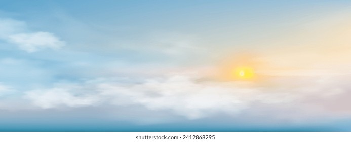 Sky Blue,Cloud Background,Horizon Spring Clear Sky in Morning by the beach,Vector beautiful landscape nature sunrise in Summer,Backdrop panoramic banner white clouds over ocean blue