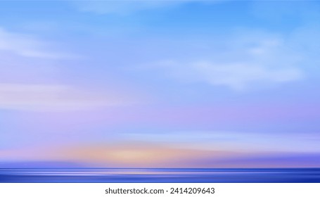 Sky Blue,Cloud Background,Horizon Spring Clear Sky in Morning by the beach,Vector beautiful landscape nature sunrise in Summer,Backdrop panoramic banner white clouds over ocean blue