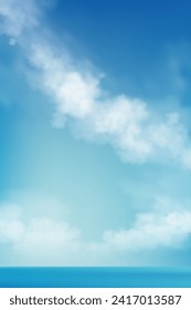 Sky Blue,Cloud Background,Horizon Spring Clear Sky in Morning by the beach,Vector illustration vertical Scene landscape nature sunrise in Summer,Backdrop banner white clouds over ocean blue
