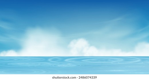 Sky Blue,Cloud Background,Horizon Spring Clear Sky in Morning by Swimming Pool,Vector beautiful landscape nature sunrise in Summer,Backdrop panoramic banner white clouds over blue ocean