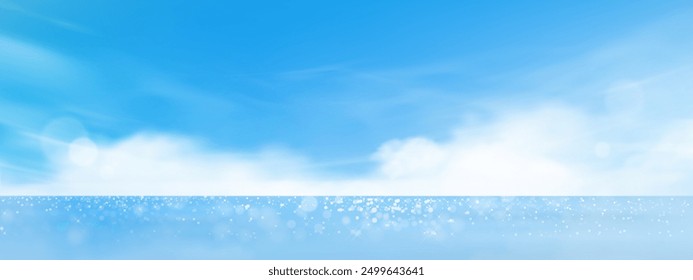 Sky Blue,Cloud Background,Horizon Spring Clear Sky in Morning by the beach,Vector beautiful landscape nature sunrise in Summer,Backdrop panoramic banner white clouds over blue ocean,Sunset landscape