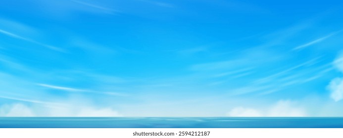 Sky Blue,Cloud Background,Horizon Spring Clear Sky in Morning by the beach,Vector beautiful landscape nature sunrise in Summer,Backdrop panoramic banner white clouds over blue ocean,Sunset landscape
