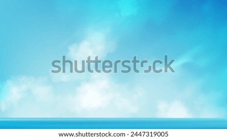 Sky Blue,Cloud Background,Horizon Spring Clear Sky in Morning by Sea beach,Vector beautiful landscape nature sunrise in Summer,Backdrop panoramic banner white clouds,blue ocean,Evening before Sunset