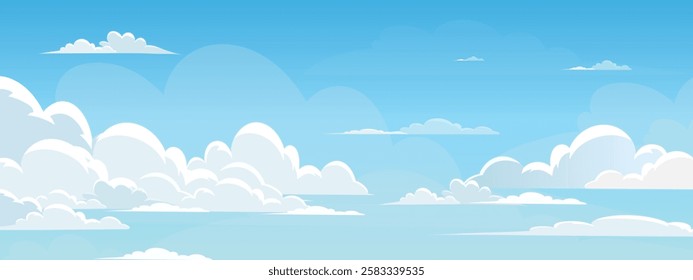 Sky Blue,Cloud Background,Horizon Summer Clear Sky over beach,Vector landscape nature sunrise sky in Morning,Spring panorama banner white clouds on blue background,Cartoon flat design for wallpaper 