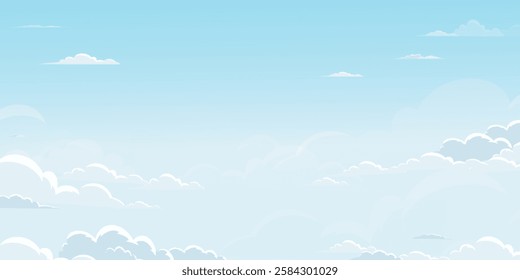 Sky Blue,Cloud Background,Horizon Summer Clear Sky over beach,Vector landscape nature sunrise sky in Morning,Spring panorama banner white clouds on blue background,Cartoon flat design for wallpaper

