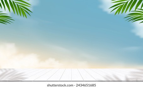 Sky Blue,Cloud Background,Horizon Summer Sky with coconut palm leaves and wood table top by beach,Vector iBackdrop sunrise sky with podium display for product presentation,Sale,Promotion