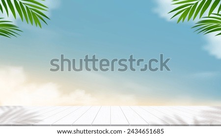 Sky Blue,Cloud Background,Horizon Summer Sky with coconut palm leaves and wood table top by beach,Vector iBackdrop sunrise sky with podium display for product presentation,Sale,Promotion