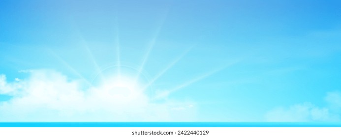Sky Blue,Cloud Background,Horizon SummerSunny Day in Morning by the beach,Vector illustration Panoramic Scene landscape nature sunrise in Summer,Backdrop banner white clouds over ocean blue