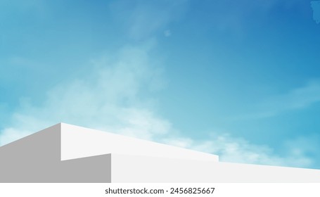 Sky blue,Cloud background,Platform 3d White Display Podium Step for Summer Cosmetic Product Present,Vector minimal backdrop scene grey architecture,Horizon Design banner for Spring