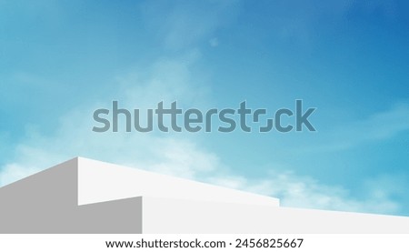 Sky blue,Cloud background,Platform 3d White Display Podium Step for Summer Cosmetic Product Present,Vector minimal backdrop scene grey architecture,Horizon Design banner for Spring
