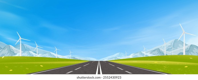 Cielo azul, fondo de la nube, campo verde del paisaje de la primavera con el molino de viento, carretera del asfalto a través de la montaña, cielo claro del verano del Vector sobre turbinas eólicas rurales instaladas como estación renovable en tierra de la hierba