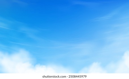 Céu Azul, Nuvem Fundo, Verão céu claro sobre a praia, Vetor horizonte de desenhos animados lindo dramático luz solar brilhante.Banner ilustração panorâmica natureza paisagem branco nublado antes do pôr do sol no inverno