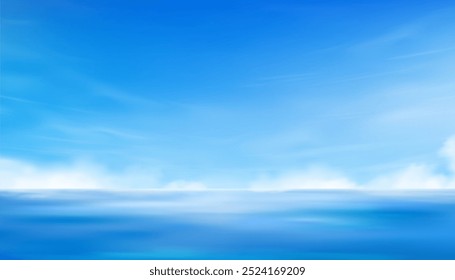 Céu Azul, Nuvem Fundo, Verão céu claro sobre a praia do mar, Vetor horizonte de desenhos animados bonito dramático luz solar brilhante.Banner ilustração panorâmica natureza paisagem branco nublado antes do pôr do sol no inverno