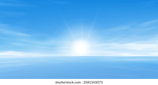 Sky Blue,Cloud Background,Summer clear sky and sun with bright light on blue ocean beach,Vector cartoon horizon beautiful sunlight in Spring.Panoramic Banner nature landscape cloudy in morning winter