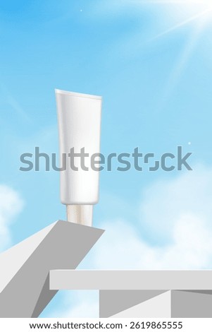 Sky Blue,Cloud Background,Summer product display  cosmetic skincare tube on grey podium platform step,Vector Minimal 3d template mock up for Banner Design nature spring sky with sunlight