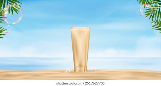 Sky Blue,Cloud Background,White Cosmetic Skincare Tube with Bubbles Foam on Beach Sand by Sea,Vector 3d Display for Summer Beauty Product Presentation,Nature seascape tropical beach sandy in sunny day