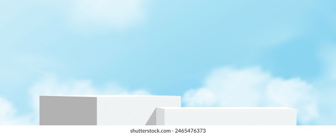 Sky Blue,Cloud Background,White Podium Platform Step,Minimal 3d Display for Summer Cosmetic Product Presentation Banner Design,Vector Scene Nature Landscape of Spring Sky with Building wall

