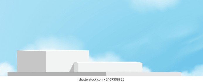 Sky Blue,Cloud Background,White Podium Platform Step,Minimal 3d Display for Summer Cosmetic Product Presentation Banner Design,Vector Scene Nature Landscape of Spring Sky with Building wall

