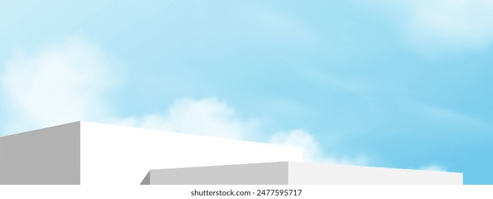 Sky Blue,Cloud Background,White Podium Platform Step,Minimal 3d Display for Summer Cosmetic Product Presentation Banner Design,Vector Scene Nature Landscape of Spring Sky with Building wall

