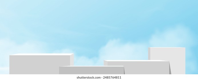 Sky Blue,Cloud Background,White Podium Platform Step,Minimal 3d Display for Summer for Cosmetic Product Presentation Banner Design,Vector Scene Nature Landscape of Spring Sky with Building wall