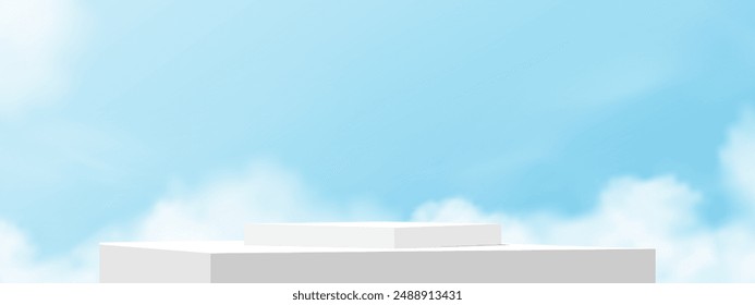 Sky Blue,Cloud Background,White Podium Platform Step,Minimal 3d Display for Summer Cosmetic Product Presentation Banner Design,Vector Scene Nature Landscape of Spring Sky with Building wall

