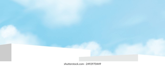 Azul cielo, fondo de la nube, paso de plataforma de podio blanco, pantalla 3d mínima para el diseño del Anuncio de la presentación del Producto cosmético del verano, paisaje de la Naturaleza de la escena del Vector del cielo de la primavera con la pared exterior del edificio