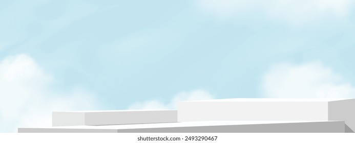 Sky Blue,Cloud Background,White Podium Platform Step,Minimal 3d Display for Summer Cosmetic Product Presentation Banner Design,Vector Scene Nature Landscape of Spring Sky with Exterior Building wall