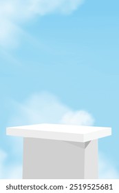 Azul-celeste,Fundo de nuvem,Plataforma de pódio branco para o produto cosmético presente,Suporte de exibição 3d de fundo de verão,Vetor Projeto gráfico abstrato do céu da natureza de primavera com construção de edifício exterior