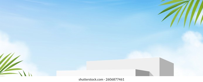 Sky Blue,Cloud Background,White Podium Platform Step,Coconut Palm leaf,Minimal 3d Display for Summer Cosmetic Product  Banner Design,Vector Scene Nature Landscape of Spring Sky 