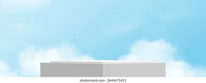 Sky Blue,Cloud Background,White Podium Platform Step,Minimal 3d Display for Summer Cosmetic Product Presentation Banner Design,Vector Scene Nature Landscape of Spring Sky with Building wall

