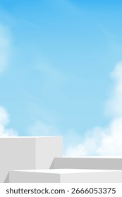 Cielo azul, fondo de la nube, paso blanco de la plataforma del podio, exhibición mínima 3d para el diseño cosmético del Anuncio de la presentación del Producto del verano, paisaje de la Naturaleza de la escena del Vector del cielo de la primavera con la pared del edificio

