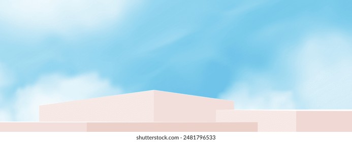 Azul cielo, nube con fondo de soporte de podio beige, plataforma 3d paso de visualización de maquetas para primavera, presentación de Producto cosmético de verano para la venta, promoción, Web en línea, pared de edificio exterior de escenas mínimas	
