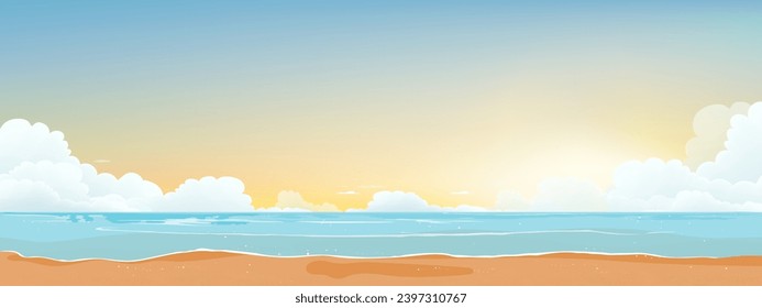 Sky Blue,Cloud on the Beach,Summer Background Sea landscape with Sunset yellow sky in evening,Vector Horizon beautiful nature tropical coast seashore beach sand with morning sunrise,Holiday concept