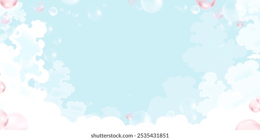 Sky Blue,Cloud with Pink Bubbles and Bokeh Light Background for Cosmetic product branding,Vector Beautiful Nature Sunny day with Fluffy Cloud Border Frame,Concept for Spring,Summer Backdrop Background