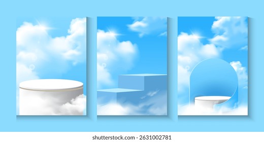 Cielo azul, cartel de la nube, tarjetas, Anuncio, fondo, cielo claro del verano sobre la playa, salida del sol realista de la naturaleza en, nubes blancas del panorama de la primavera sobre el océano azul, paisaje de la puesta del sol, para el cosmético, anuncios, cubierta del Web