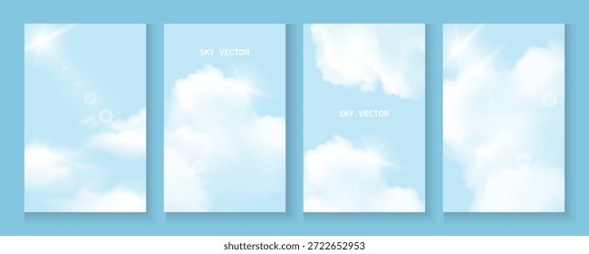 Céu azul,Cartaz na nuvem, cartões, banner, Fundo, Verão Céu claro sobre a praia, natureza realista nascer do sol em ,Panorama da primavera nuvens brancas sobre o oceano azul, Pôr do sol paisagem, para cosmético, anúncios, capa da web
