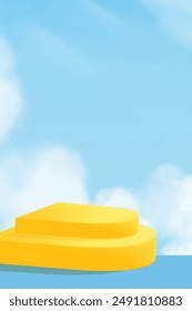 Sky blue,Cloud and Stand Background,Yellow 3d Podium Stage Platform Display for Cosmetic product Presentation for Spring,Summer Sale Banner,Vector Abstract Scene composition mock up for Fashion design