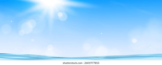 Sky Blue,Cloud,Sun Background,Summer clear sky over sea beach,Vector cartoon horizon white bright sunlight in Spring.Banner seascape abstract cloud line before sunset in winter,Nature background